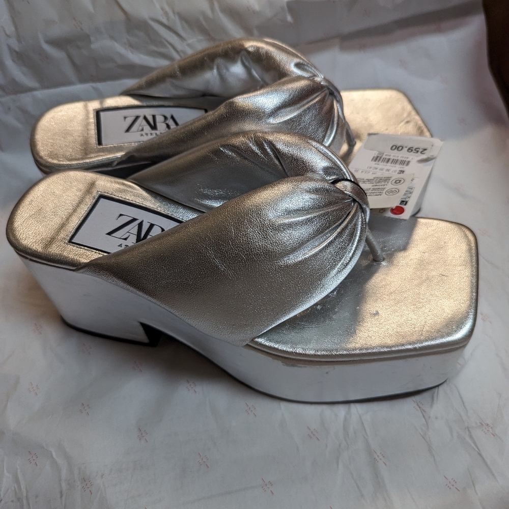 ZARA SILVER CHUNKY TOE POST LEATHER PLATFORM HEELED SANDALS 6,7,7.5,8